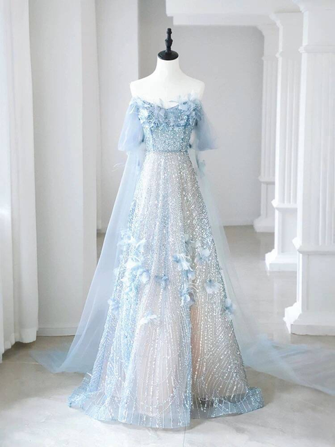 Modest Ball Gown Off The Shoulder Blue Sequin Flowers Long Prom Dress Inspiration Party Formal Gown Prom Dresses AU383