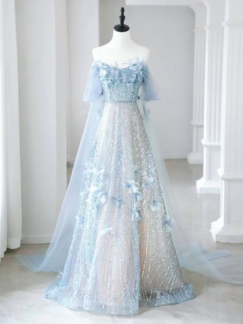 Modest Ball Gown Off The Shoulder Blue Sequin Flowers Long Prom Dress Inspiration Party Formal Gown Prom Dresses AU383