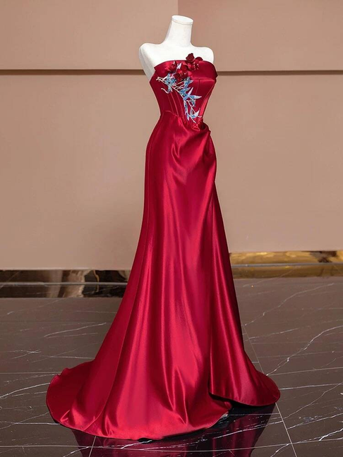 Bescheidene Meerjungfrau trägerlose rote Satin Ballkleider Partykleid Geburtstag Outfits Abschlusskleid AU384
