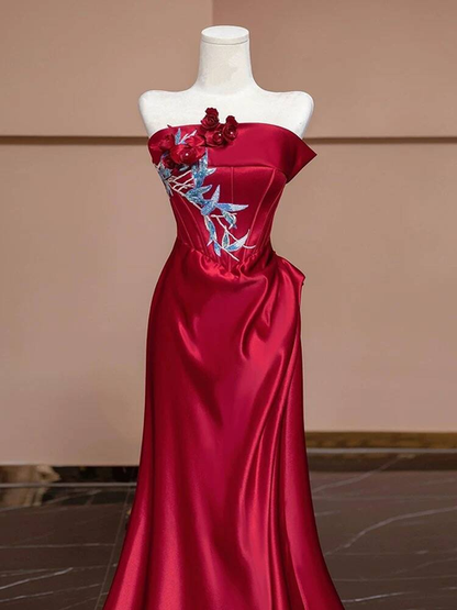 Bescheidene Meerjungfrau trägerlose rote Satin Ballkleider Partykleid Geburtstag Outfits Abschlusskleid AU384