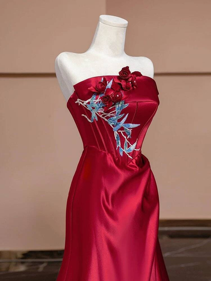 Bescheidene Meerjungfrau trägerlose rote Satin Ballkleider Partykleid Geburtstag Outfits Abschlusskleid AU384
