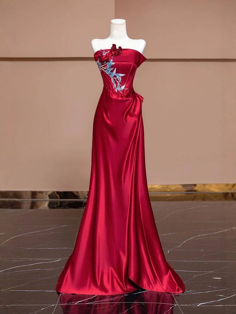 Bescheidene Meerjungfrau trägerlose rote Satin Ballkleider Partykleid Geburtstag Outfits Abschlusskleid AU384