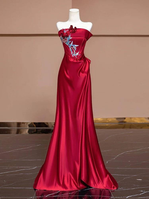 Bescheidene Meerjungfrau trägerlose rote Satin Ballkleider Partykleid Geburtstag Outfits Abschlusskleid AU384