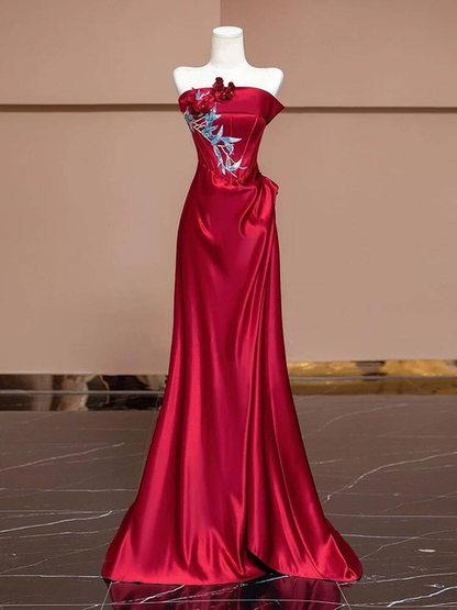 Bescheidene Meerjungfrau trägerlose rote Satin Ballkleider Partykleid Geburtstag Outfits Abschlusskleid AU384