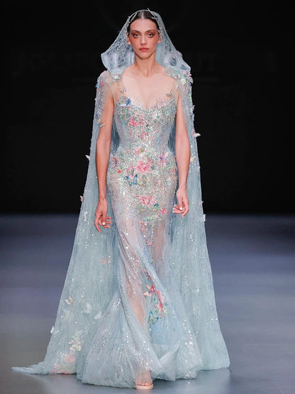 Magnifique robe de bal sirène en tulle bleu ciel clair ornée de dentelle, de perles florales et de perles, idéale pour les soirées formelles et les jeunes filles (AU384).