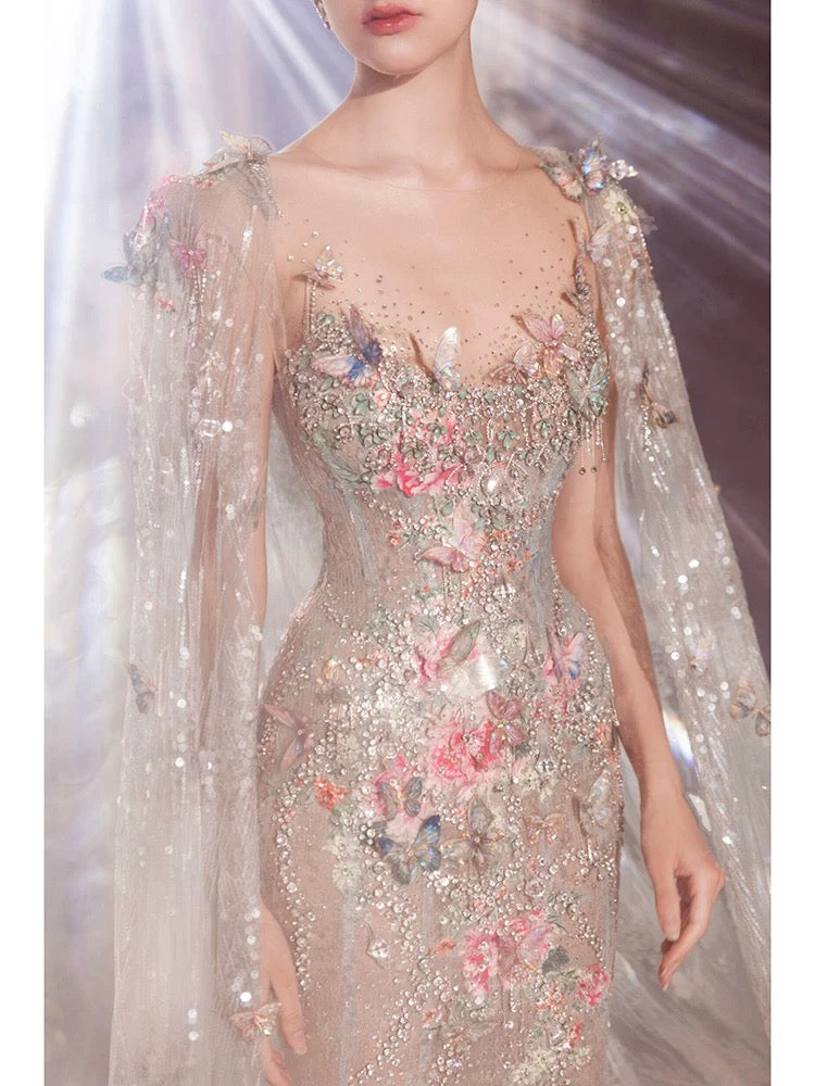 Magnifique robe de bal sirène en tulle bleu ciel clair ornée de dentelle, de perles florales et de perles, idéale pour les soirées formelles et les jeunes filles (AU384).