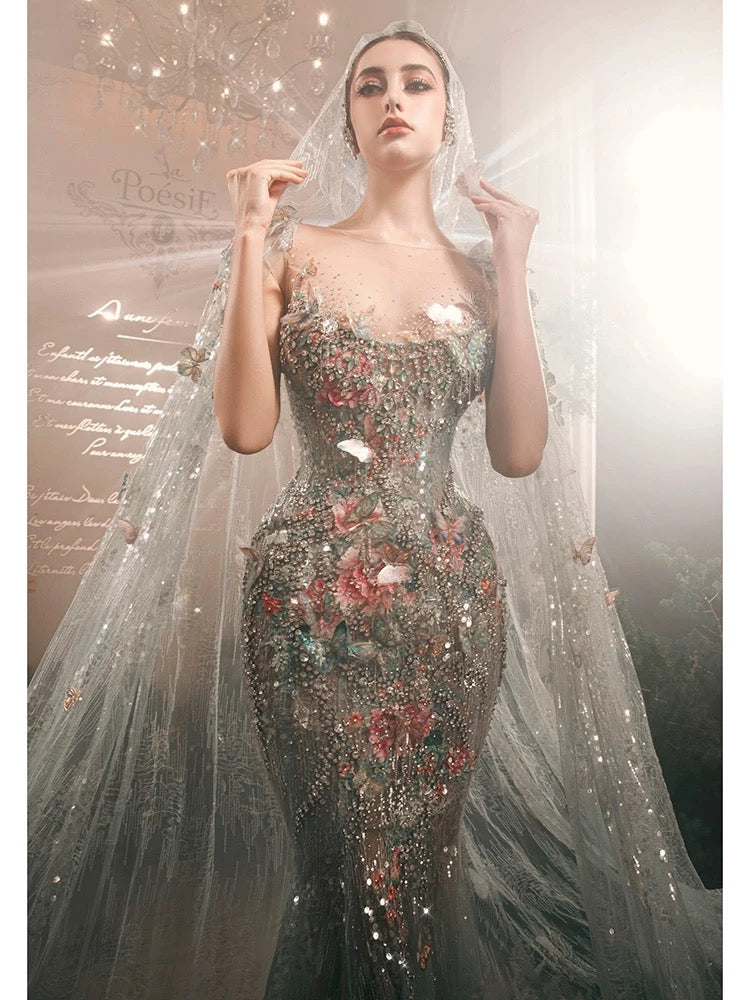 Magnifique robe de bal sirène en tulle bleu ciel clair ornée de dentelle, de perles florales et de perles, idéale pour les soirées formelles et les jeunes filles (AU384).