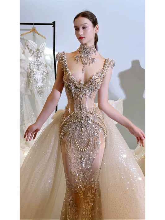 Sexy Mermaid V Neck Champagne Tulle With Beads Gem Long Summer Bride Dress Long Bride Dress Classy Wedding Dresses AU385