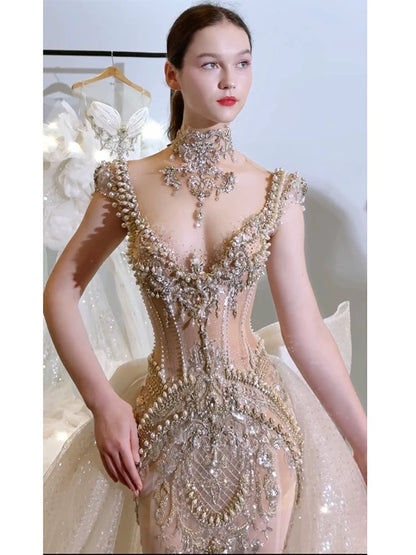 Robe de mariée longue d'été, sirène sexy, col en V, tulle champagne ornée de perles et de pierres précieuses - AU385