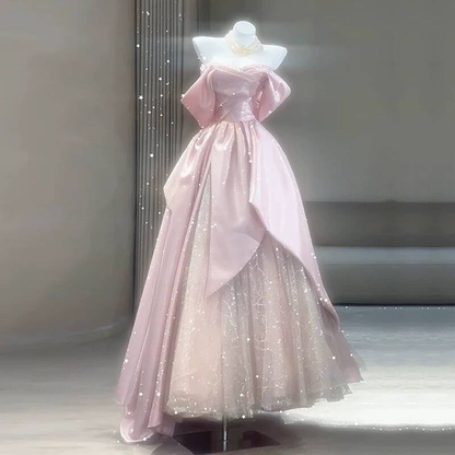 Bescheidenes Ballkleid aus der Schulter rosa Pailletten langes Ballkleid Inspiration Party formales Kleid Ballkleider AU386