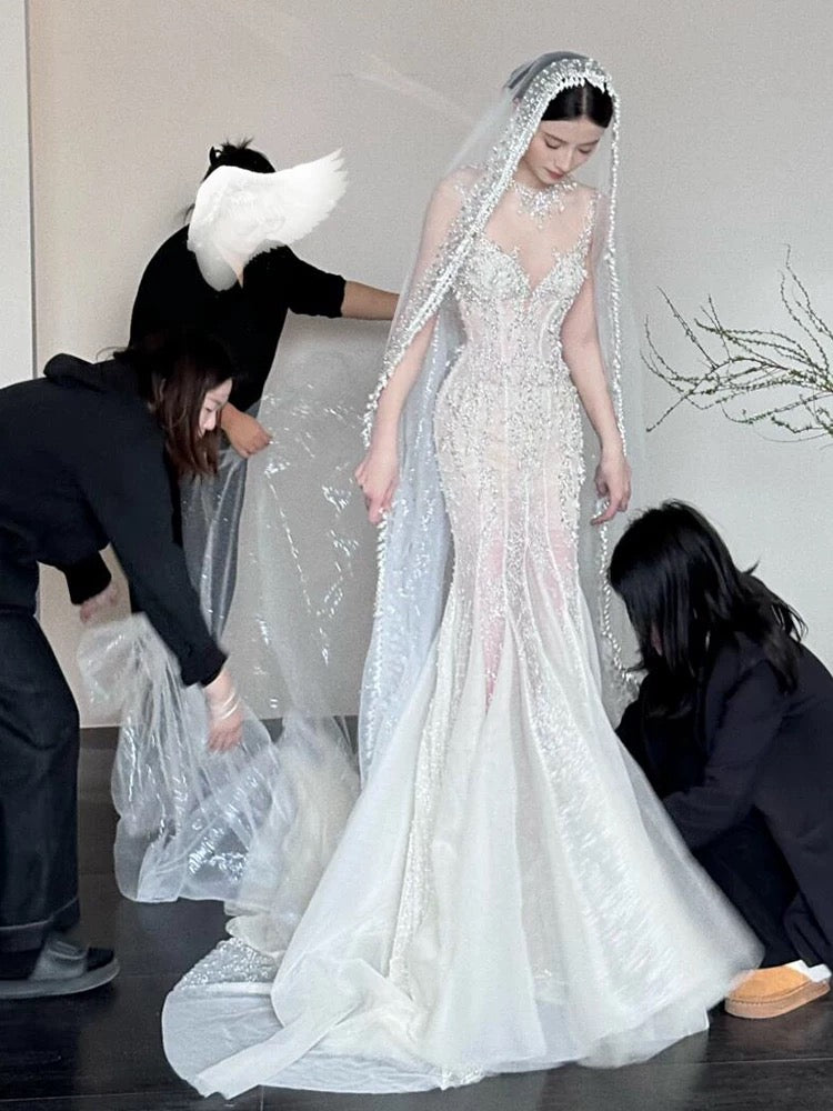 Robe de mariée longue d'été sirène sexy en tulle à col rond ornée de perles et de pierres précieuses - Robe de mariée blanche élégante AU386
