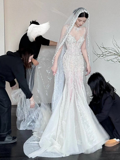 Robe de mariée longue d'été sirène sexy en tulle à col rond ornée de perles et de pierres précieuses - Robe de mariée blanche élégante AU386