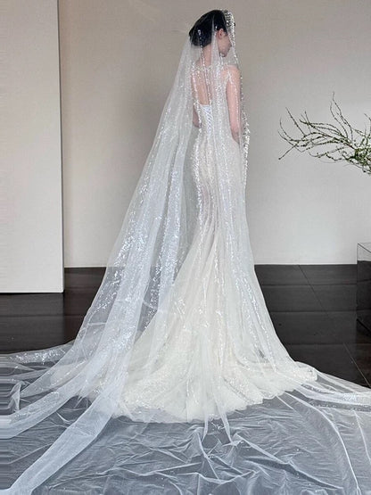 Robe de mariée longue d'été sirène sexy en tulle à col rond ornée de perles et de pierres précieuses - Robe de mariée blanche élégante AU386