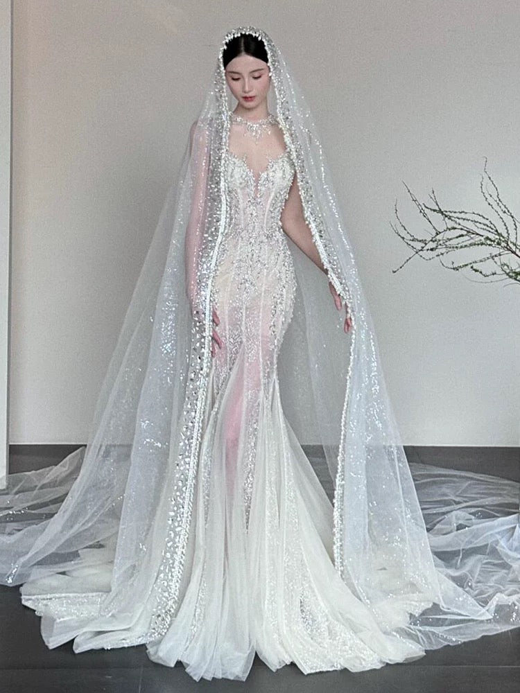 Robe de mariée longue d'été sirène sexy en tulle à col rond ornée de perles et de pierres précieuses - Robe de mariée blanche élégante AU386
