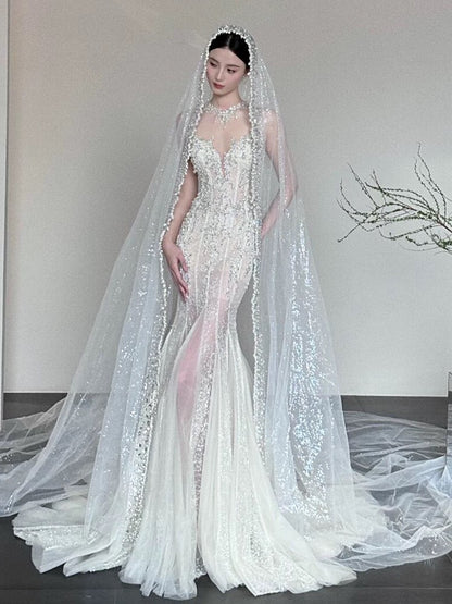 Robe de mariée longue d'été sirène sexy en tulle à col rond ornée de perles et de pierres précieuses - Robe de mariée blanche élégante AU386