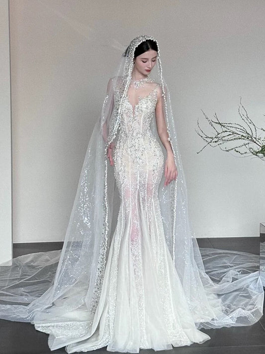 Sexy Mermaid Scoop Neck Tulle With Beads Gem Long Summer Bride Dress Long Bride Dress Classy White Wedding Dresses AU386
