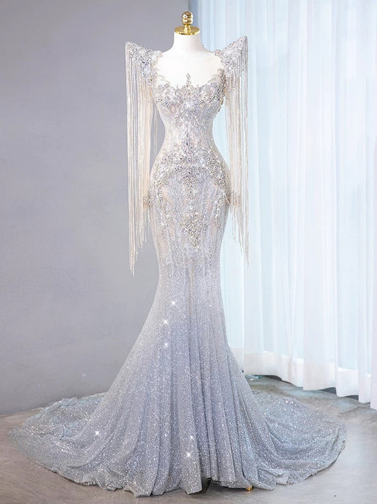 Sexy Mermaid Scoop Neck Tulle With Silver Beads Gem Long Summer Bride Dress Long Bride Dress Classy Wedding Dresses AU387