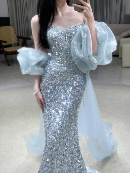 Beautiful Mermaid Sweetheart Light Sky Blue Sequin Prom Dresses Party Dress Birthday Outfits Graduation Dress AU388