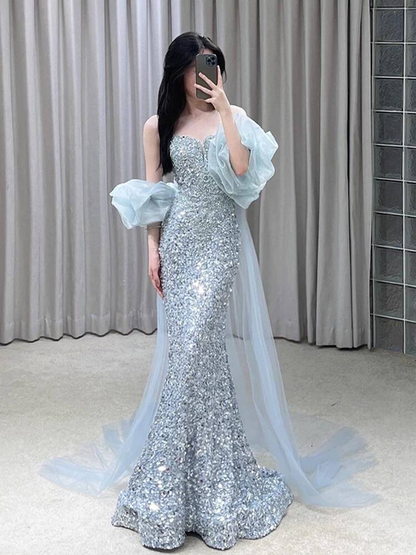 Beautiful Mermaid Sweetheart Light Sky Blue Sequin Prom Dresses Party Dress Birthday Outfits Graduation Dress AU388
