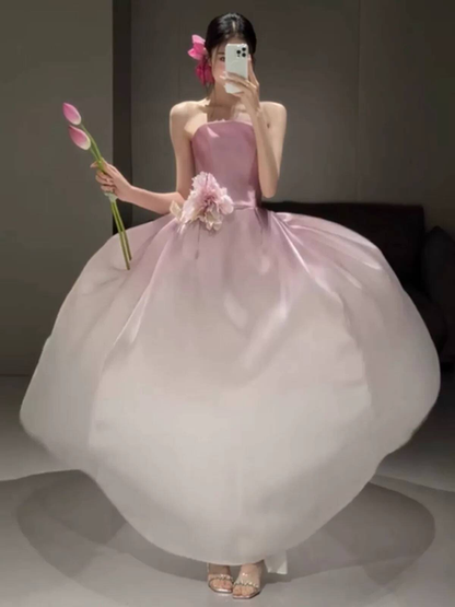 Modest Ball Gown Strapless Pink Satin Prom Dresses Party Dress Birthday Outfits Graduation Dress AU389