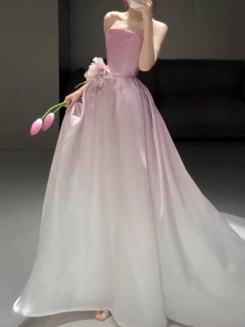 Modest Ball Gown Strapless Pink Satin Prom Dresses Party Dress Birthday Outfits Graduation Dress AU389