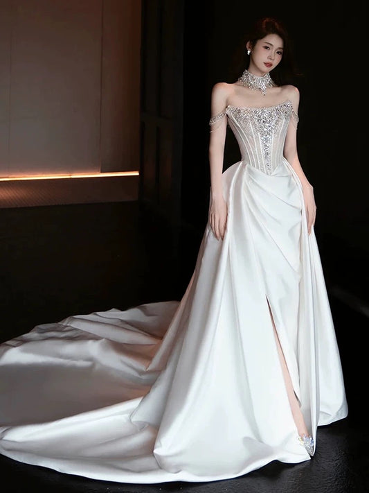 Sexy Mermaid Off The Shoulder White Satin Slit With Silver Beads Gem Long Bride Dress Long Bride Dress Classy Wedding Dresses AU389