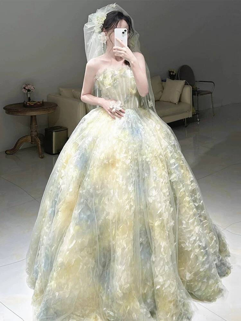 Cute Strapless Ball Gown Yellow Tulle Long Quinceanera Dress Quinceanera Dresses Sweet 15 16 Dress AU390