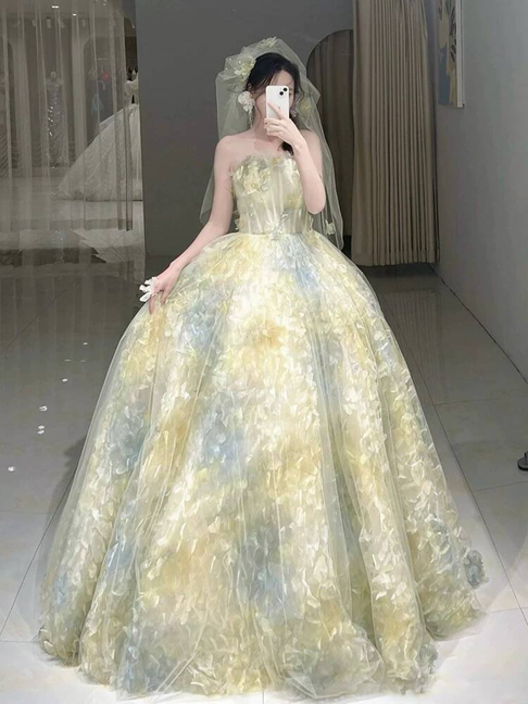 Cute Strapless Ball Gown Yellow Tulle Long Quinceanera Dress Quinceanera Dresses Sweet 15 16 Dress AU390