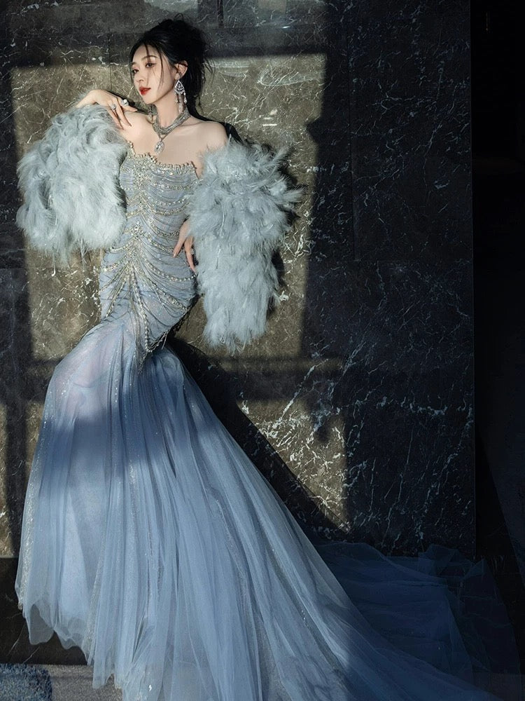 Gorgeous Mermaid Scoop Blue Tulle With Gem Beads Prom Dresses Formal Party Teens Evening Gowns AU390