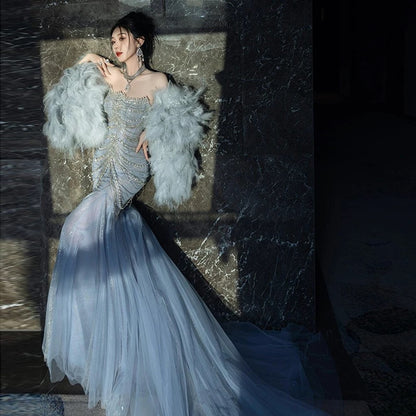 Gorgeous Mermaid Scoop Blue Tulle With Gem Beads Prom Dresses Formal Party Teens Evening Gowns AU390