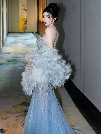 Gorgeous Mermaid Scoop Blue Tulle With Gem Beads Prom Dresses Formal Party Teens Evening Gowns AU390