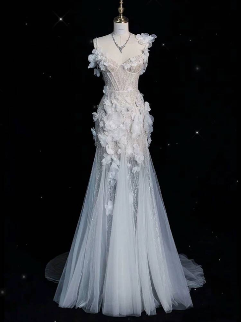 Modest Mermaid Spaghetti Straps Sequin White Wedding Dress Fairytale Autumn Flowers Wedding Dresses AU391