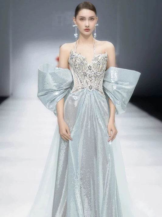 Gorgeous Mermaid Sweetheart Blue Sequins With Gem Beads Prom Dresses Formal Party Teens Evening Gowns AU391