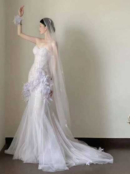 Magnifique robe de bal sirène en tulle lilas, décolleté en cœur, tenue de soirée, d'anniversaire, de remise de diplôme, AU392