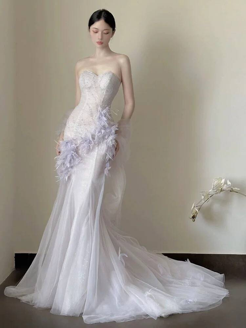 Magnifique robe de bal sirène en tulle lilas, décolleté en cœur, tenue de soirée, d'anniversaire, de remise de diplôme, AU392