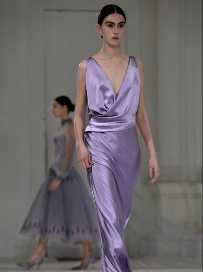 Robe de bal longue plissée en satin raisin clair, col en V, coupe fourreau, modèle AU393