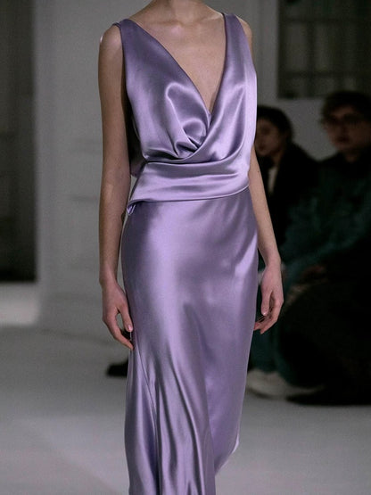 Robe de bal longue plissée en satin raisin clair, col en V, coupe fourreau, modèle AU393