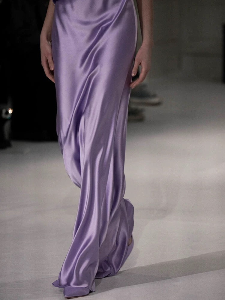 Robe de bal longue plissée en satin raisin clair, col en V, coupe fourreau, modèle AU393