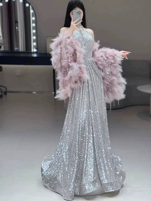 Modest A Line Halter Sequin Silver Prom Dresses Party Dress Birthday Outfits Graduation Dress AU394