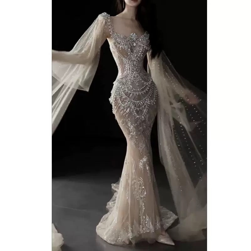 Robe de mariée longue d'été, sirène sexy, col carré, tulle champagne ornée de perles et de pierres précieuses - AU395