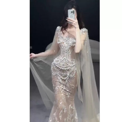 Robe de mariée longue d'été, sirène sexy, col carré, tulle champagne ornée de perles et de pierres précieuses - AU395