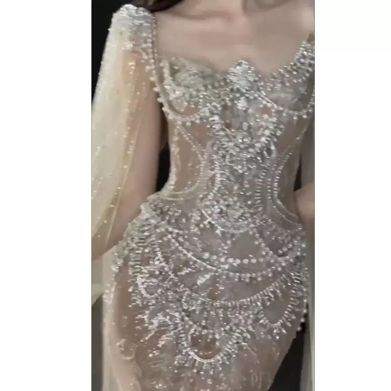 Robe de mariée longue d'été, sirène sexy, col carré, tulle champagne ornée de perles et de pierres précieuses - AU395