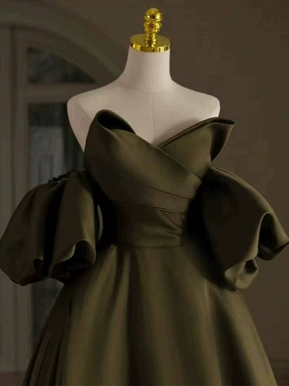 Modest Ball Gown Off The Shoulder Green Satin Long Prom Dress Inspiration Party Formal Gown Prom Dresses AU396