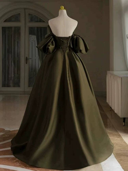 Modest Ball Gown Off The Shoulder Green Satin Long Prom Dress Inspiration Party Formal Gown Prom Dresses AU396