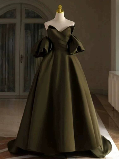 Modest Ball Gown Off The Shoulder Green Satin Long Prom Dress Inspiration Party Formal Gown Prom Dresses AU396