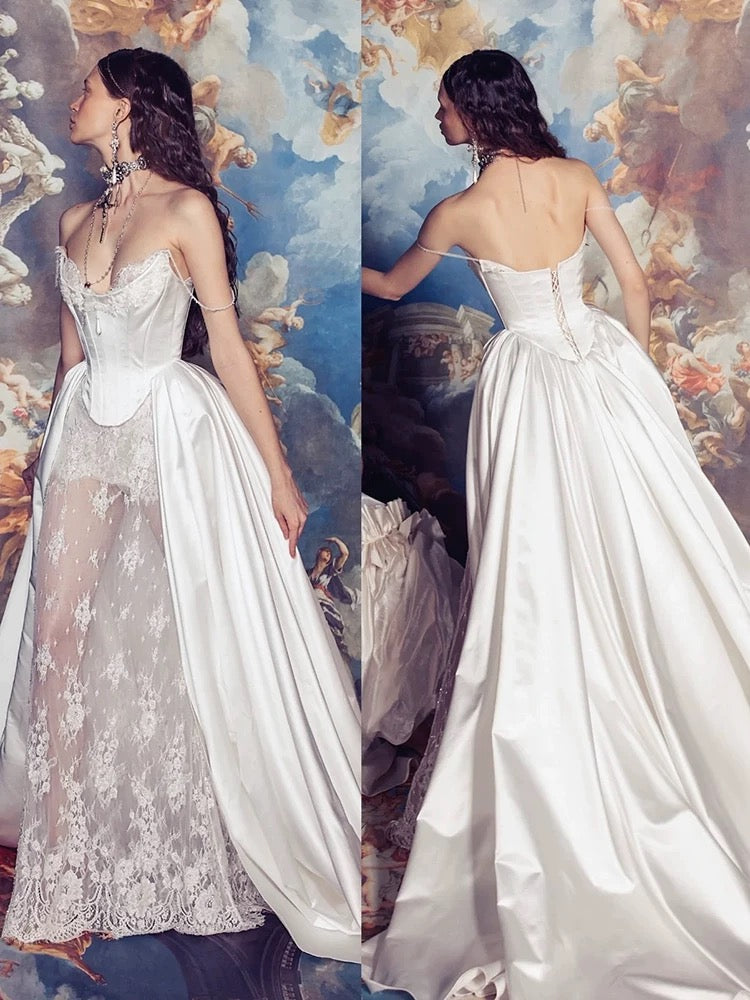 Sexy Sheath Sweetheart Lace White Satin With Pearls Beads Long Bride Dress Long Bride Dress Classy Wedding Dresses AU396