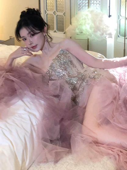Modest Mermaid Strapless Pink Tulle Beaded Gem Long Prom Dresses Formal Party Teens Evening Gowns AU398