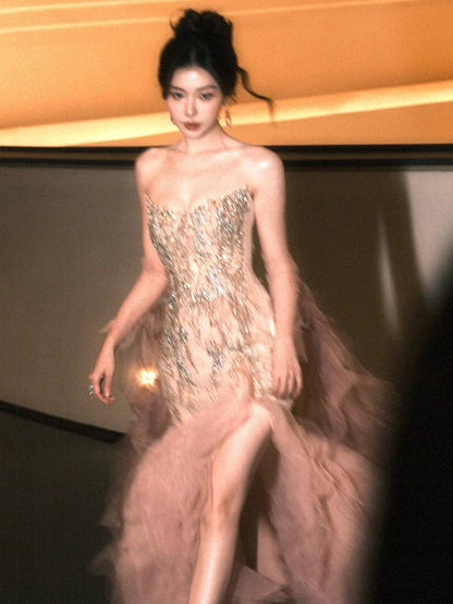 Modest Mermaid Strapless Pink Tulle Beaded Gem Long Prom Dresses Formal Party Teens Evening Gowns AU398