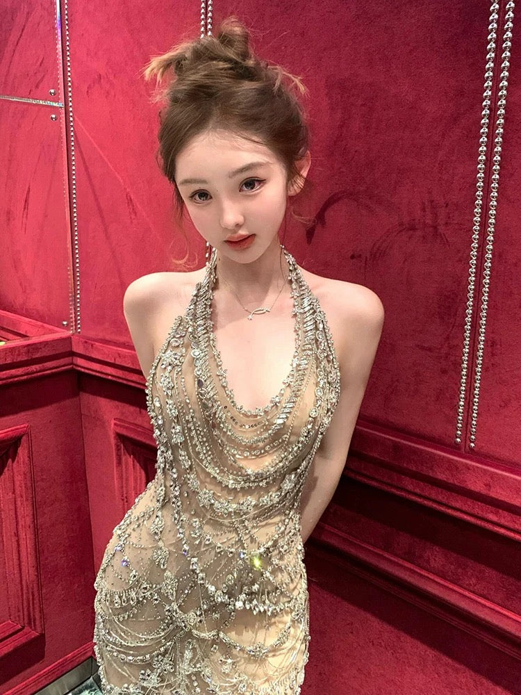 Robe de bal longue sirène vintage dos nu en tulle champagne et perles argentées, idéale pour les soirées formelles et les adolescentes (AU377)