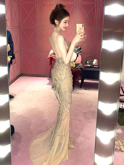 Robe de bal longue sirène vintage dos nu en tulle champagne et perles argentées, idéale pour les soirées formelles et les adolescentes (AU377)